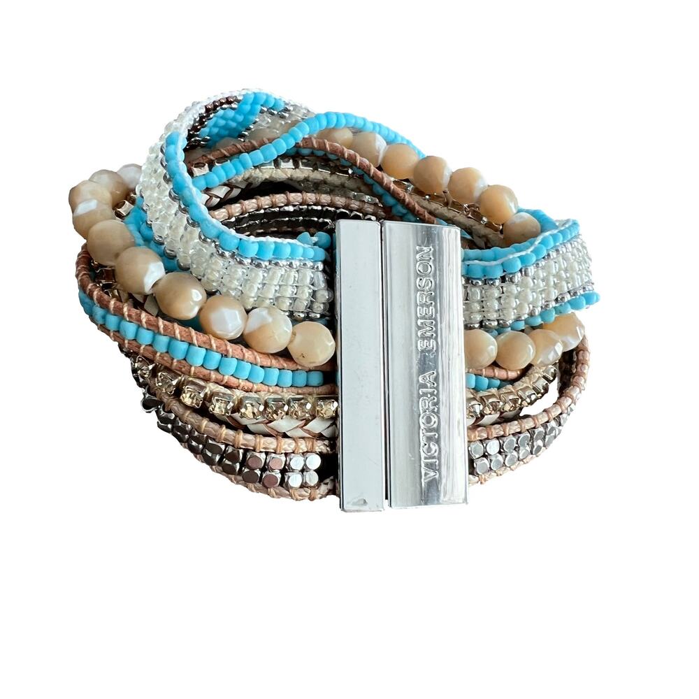 Victoria Emerson Multi-strand Magnetic Clasp Blue Tan Boho Mixed Media Bracelet
